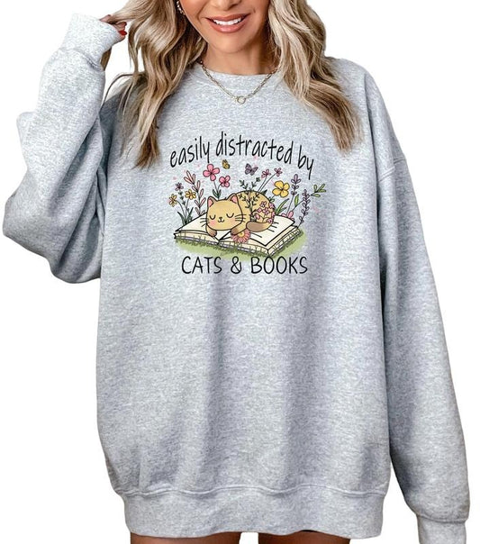 Easily Distracted By Cats And Books Sweatshirt, Book Lover Shirt, Cat Book Lover Shirt, Bookworm Shirt, Unisex Sweatshirt, Long Sleeve Crewneck Shirt, Unique Gifts For Women Sweater, Gifts For Birthday Mothers Day Fit Womenswear