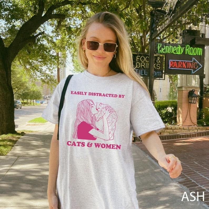 Easily Distracted By Cats And Women Funny For Lesbian Pride Shirt, LGBTQ Shirt, Rainbow Pride Shirt, Cat Lover Gift, Lesbian Gay Gift