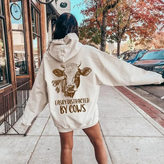 Easily Distracted By Cows Shirt, Women's Funny Country Hoodie, Cowgirl Sweatshirt, Humorous Saying Sweater, Cow Shirt, Farm Love Shirt,E7832