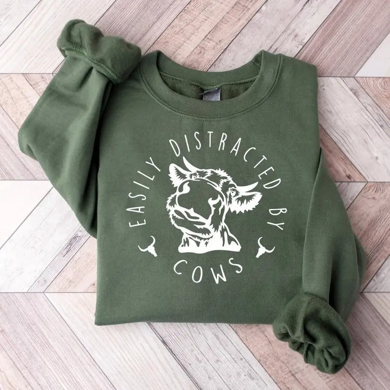 Easily Distracted By Cows Shirt,Cow Sweatshirt,Aesthetic Sweater,Funny Cow Shirt,Farm Love Shirts,Farm Animal Tshirt,Humorous Saying Sweater Classic Cotton