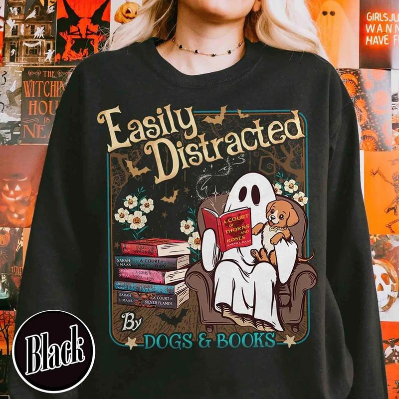 Easily Distracted By Dogs And Books Sweater, Ghost Reading Acotar Sweatshirt, Ghost Book Acotar T-Shirt, Halloween SJM Shirt, Gift For Book Lovers