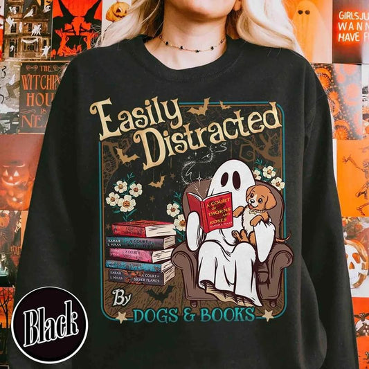Easily Distracted By Dogs And Books Sweater, Ghost Reading Acotar Sweatshirt, Ghost Book Acotar T-Shirt, Halloween SJM Shirt, Gift For Book Lovers