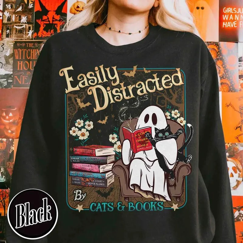 Easily Distracted Cats and Books Sweatshirt, Books and Black Cats Shirt, Ghost Reading Books Shirt, Halloween Little Ghost Shirt, Book Lover Ghost