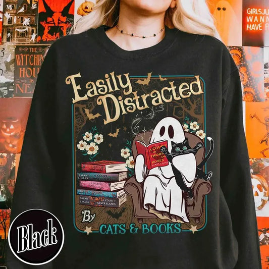 Easily Distracted Cats and Books Sweatshirt, Books and Black Cats Shirt, Ghost Reading Books Shirt, Halloween Little Ghost Shirt, Book Lover Ghost