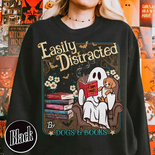 Easily Distracted Dogs And Books Sweatshirt, Books And Dogs Shirt, Ghost Reading Books Shirt, Halloween Little Ghost Shirt, Book Lover Ghost Gift