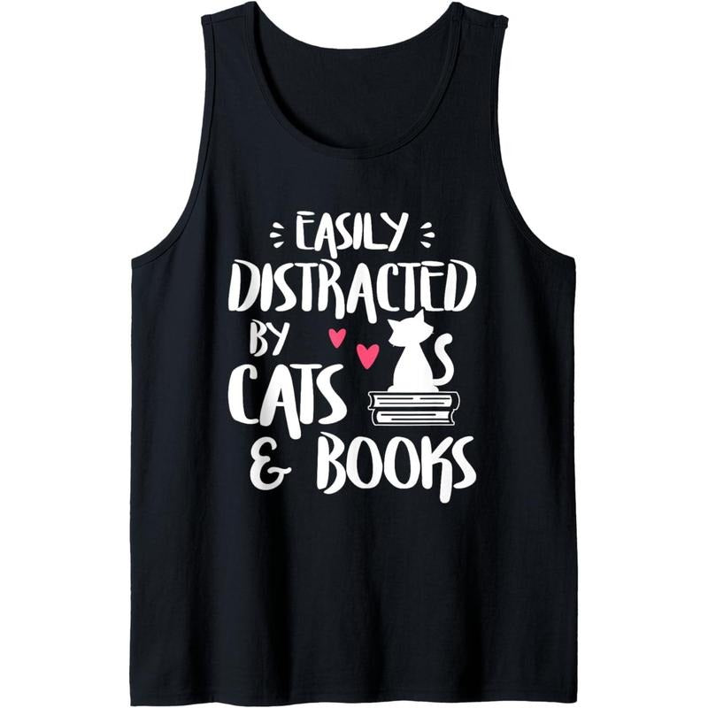 Easily Distracted by Cats and Books - Cat & Book Lover Tank Top MADE IN USA