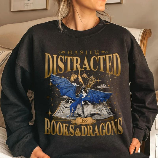 Easily Distracted by Dragon and Books Sweatshirt, Dragon Book Hoodie, Romantasy Book Gift, Dragons Fantasy Reader Womenswear Soft Crewneck Pullover Long Sleeves Graphic Fabric Sweater