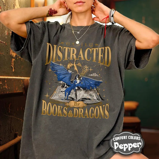 Easily Distracted by Dragon and Books T-Shirt, Dragon Book Shirt, Romantasy Book Shirt, Dragons Fantasy Reader Shirt