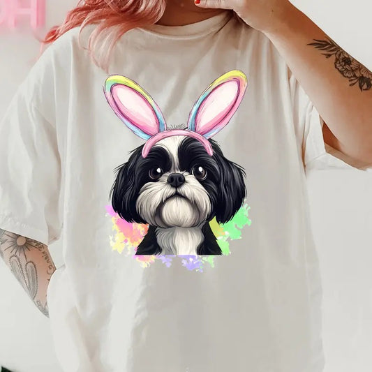 Easter Black and White Shih Tzu Shirt ~ Unisex Apparel Relaxed Fit Printed In The USA Clothing Womenswear Casual Comfort Cotton