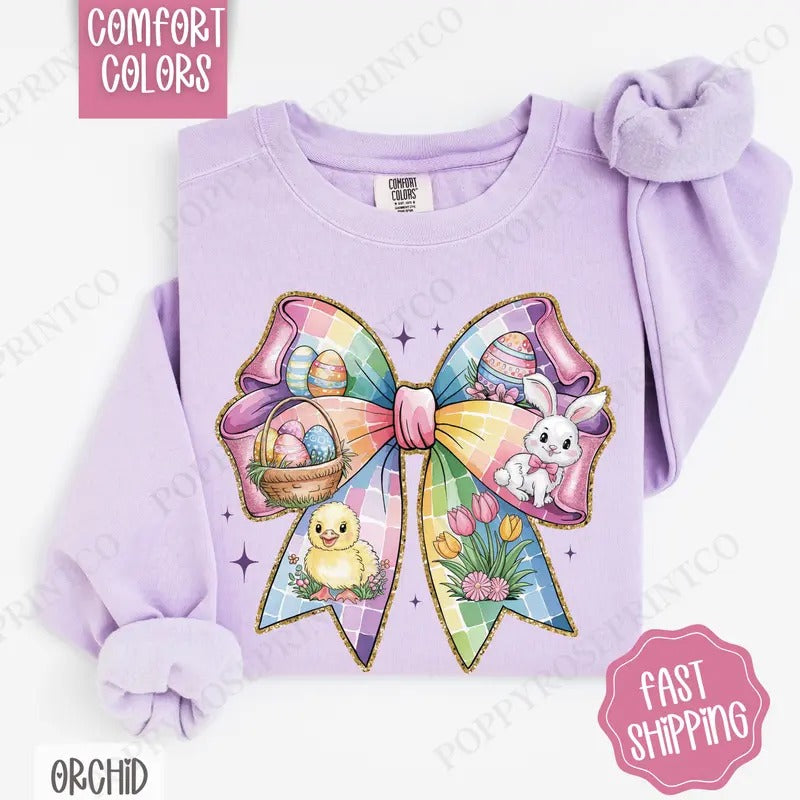 Easter Bow 1  Comfort Colors Sweatshirt, Cute Easter Coquette Women's Crewneck, Trendy Religious Women's Sweater, Gift for Her