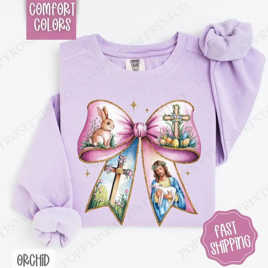 Easter Bow 2 Comfort Colors Sweatshirt, Cute Easter Coquette Women's Crewneck, Trendy Religious Women's Sweater, Gift for Her