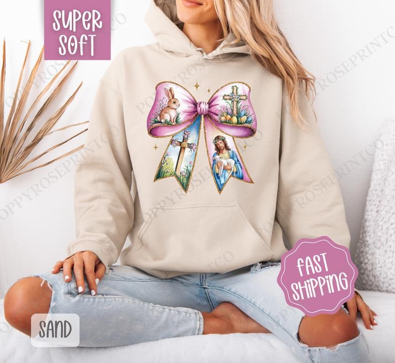 Easter Bow 2 Hoodie, Coquette Easter Women's Crewneck, Cute Religious Women's Hooded Sweater