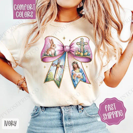 Easter Bow 2 Shirt Comfort Colors, Coquette Easter Tshirt, Trendy Religious Women's Tee, Gift for Her