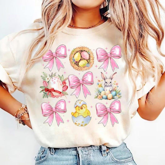Easter Coquette T-shirt, Happy Bunny Bow, Retro Floral Spring, Girl Easter