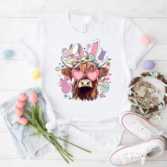 Easter Day Highland Cow Shirt, Cow Easter Shirt, Easter Bunny Shirt, Womens Easter Shirt, Funny Cow Shirt, Happy Easter Shirt, Farm Shirt