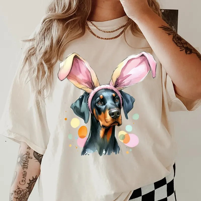 Easter Doberman Shirt ~ Unisex Apparel Relaxed Fit Printed In The USA Clothing Womenswear Casual Comfort Cotton Top Athletic Boho Chic