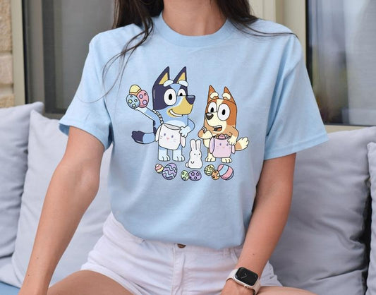 Easter Dog Shirt, Bluey Easter day shirt, bluey characters, Easter Vibes shirt, Easter Blue shirt Trendy Easter shirt, Bluey and Bingo tee, retro easter shirt