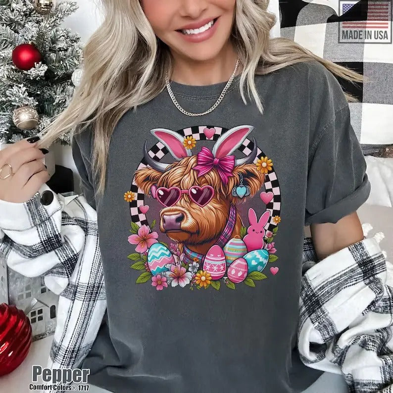 Easter Highland Cow Checkered Shirt, Easter Cow Bunny Comfort Colors Tshirt, Easter Highland Cow Lover Sweatshirt, Cow Easter Eggs Tee