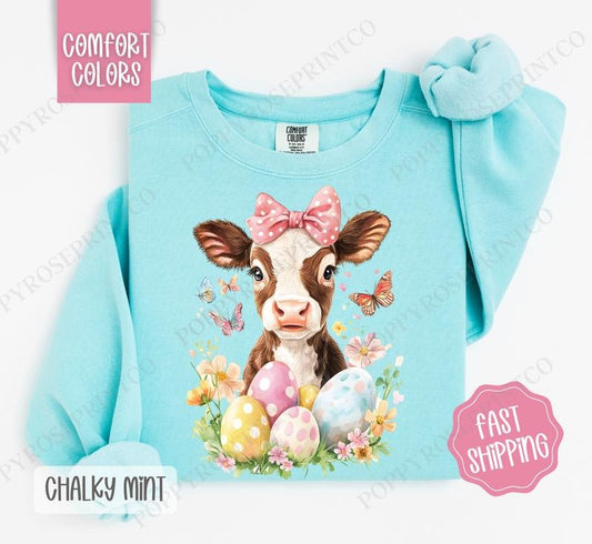 Easter Highland Cow Comfort Colors Sweatshirt, Women's Cow Crewneck, Cute Easter Women's Sweater