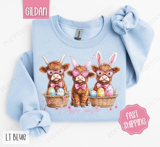 Easter Highland Cow Sweatshirt, Cute Easter Crewneck, Trendy Cow Women's Sweater, Gift for Her T-Shirts, Hoodie