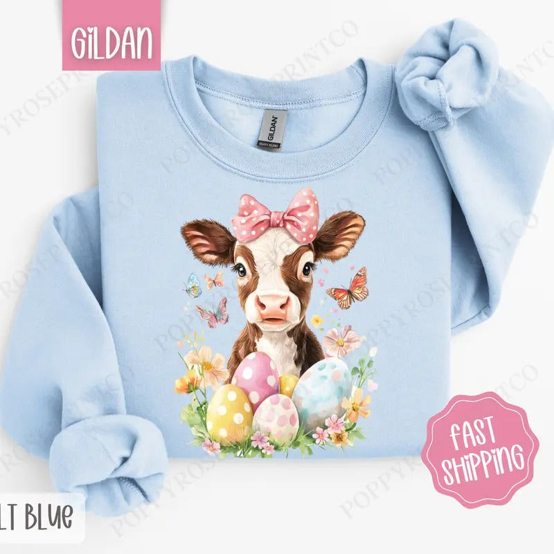 Easter Highland Cow Sweatshirt, Easter Women's Crewneck, Cute Cow Women's Sweatshirt