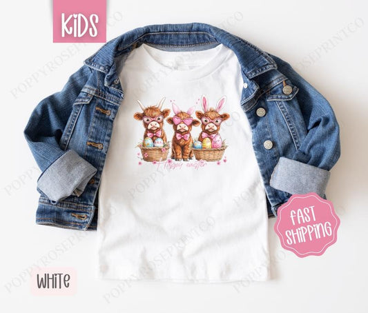 Easter Highland Cows Kids Shirt - Easter Children's Tshirt - Cute Youth Tee Gildan