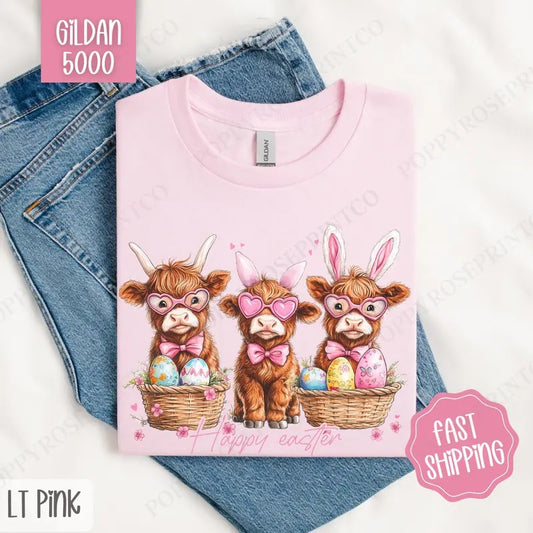 Easter Highland Cows Shirt Gildan, Cute Easter Tee, Trendy Cow Women's Tshirt Plus Sizes, Gift for Her