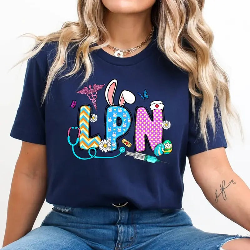 Easter LPN Shirt - Cute Bunny Stethoscope & Egg Licensed Practical Nurse T-shirt - Spring Nurse Tee for Healthcare Workers