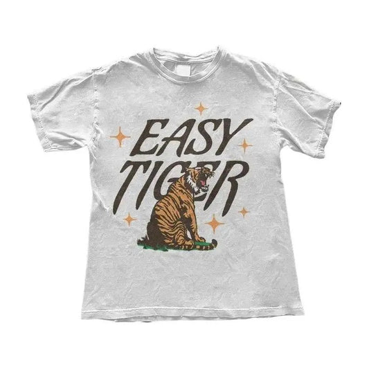 Easy Tiger Retro Aesthetic T-Shirt - Retro Animal Graphic Tee - Funny Wild Cat Top - Aesthetic Trendy Tee 100% cotton Menswear Streetwear Top