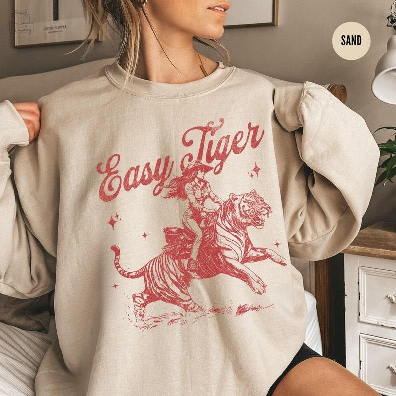 Easy Tiger Sweatshirt, Cowgirl Trendy Vintage Tiger Shirt, Country Concert Outfit, Edgy Feminist Grunge Aesthetic Crewneck, Western Clothes, tshirt hot trend