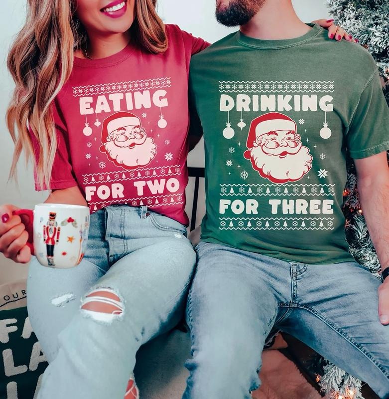 Eating For Two Christmas Couple Shirt, Drinking For Two, Christmas Pregnancy Announcement Shirt, Baby Reveal Christmas Matching Parents Sweatshirt, Xmas Pregnant Mom Shirt, Parents To Be Sweatshirt, New Mom New Dad Shirt