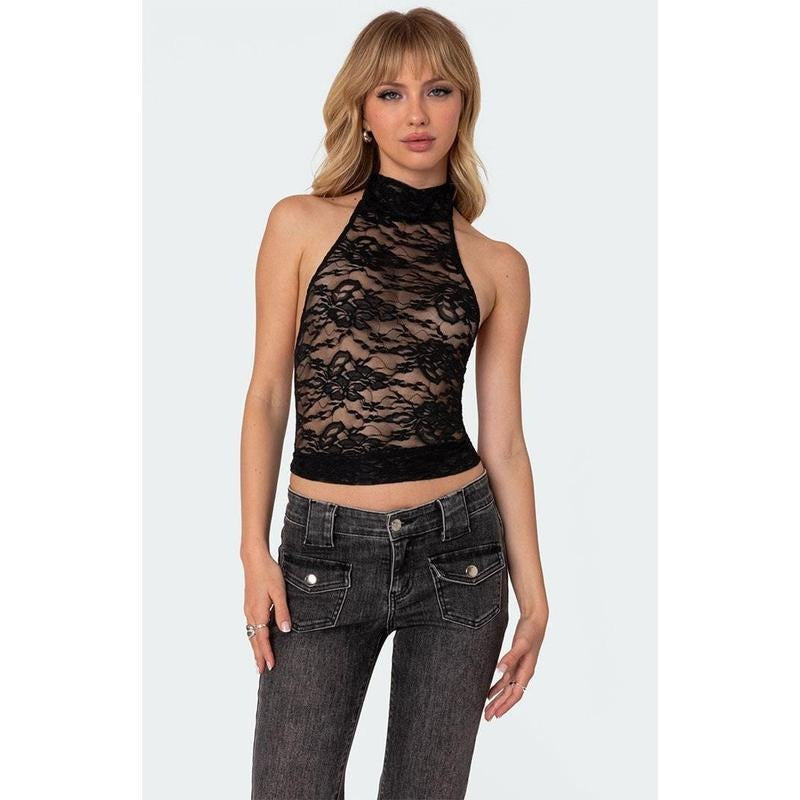 Edikted Women's Alena High Neck Sheer Lace Top