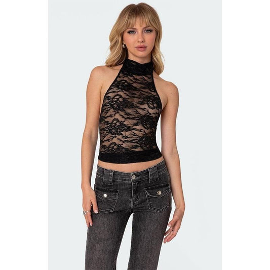 Edikted Women's Alena High Neck Sheer Lace Top
