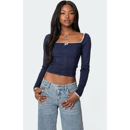 Edikted Women's Ansley Lacey Cable Knit Top