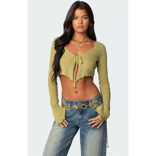 Edikted Women's Bekkah Ribbed Knit Tie Front Top