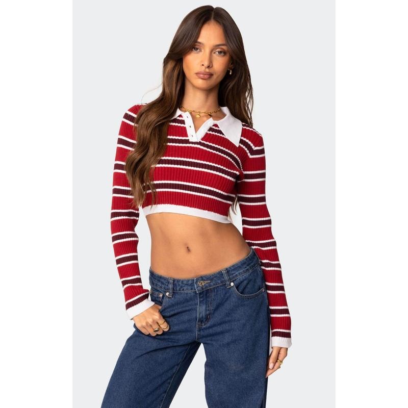 Edikted Women's Collared Stripey Ribbed Crop Top