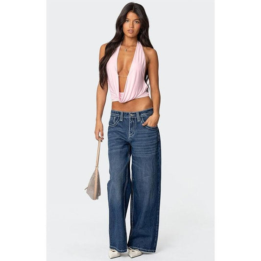 Edikted Women's Contrast Stitch Low Rise Boyfriend Jeans