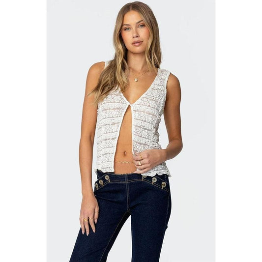 Edikted Women's Evolet Sheer Lace Split Front Top