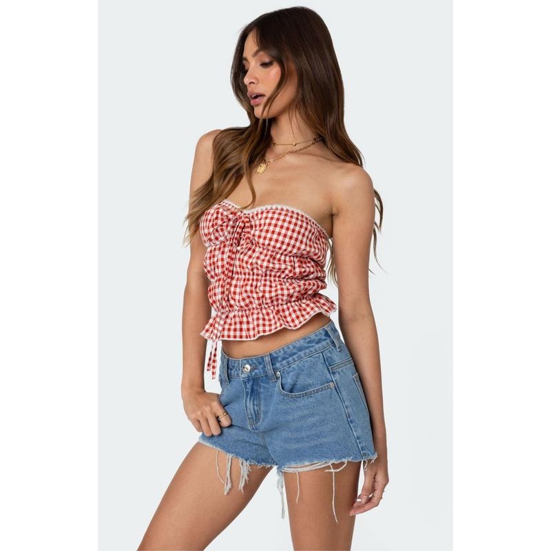 Edikted Women's Lanna Gingham Elastic Scrunch Top