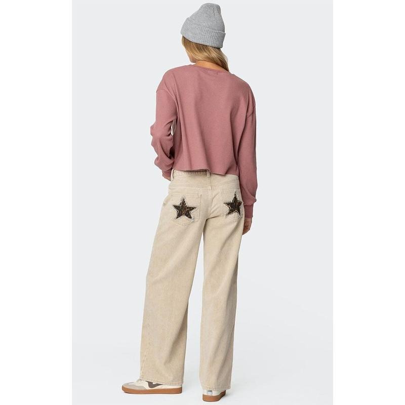 Edikted Women's Leopard Star Low Rise Washed Jeans