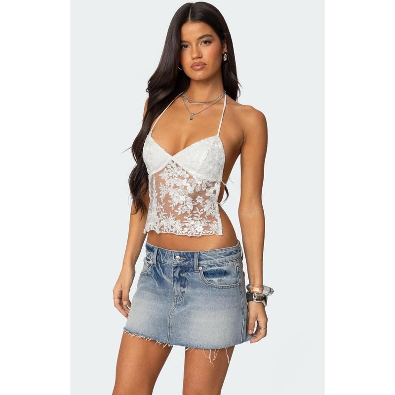 Edikted Women's Nyx Backless Sheer Lace Top