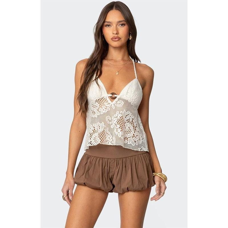 Edikted Women's Sheer Crochet Babydoll Halter Top