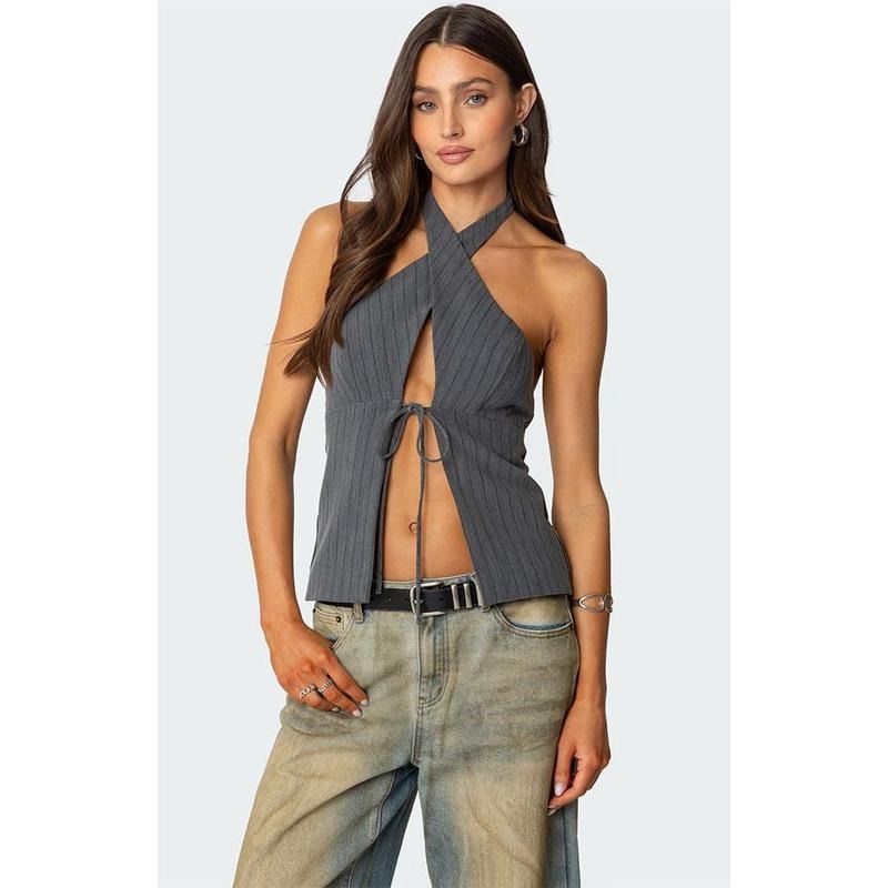 Edikted Women's Split Front Pinstripe Halter Top