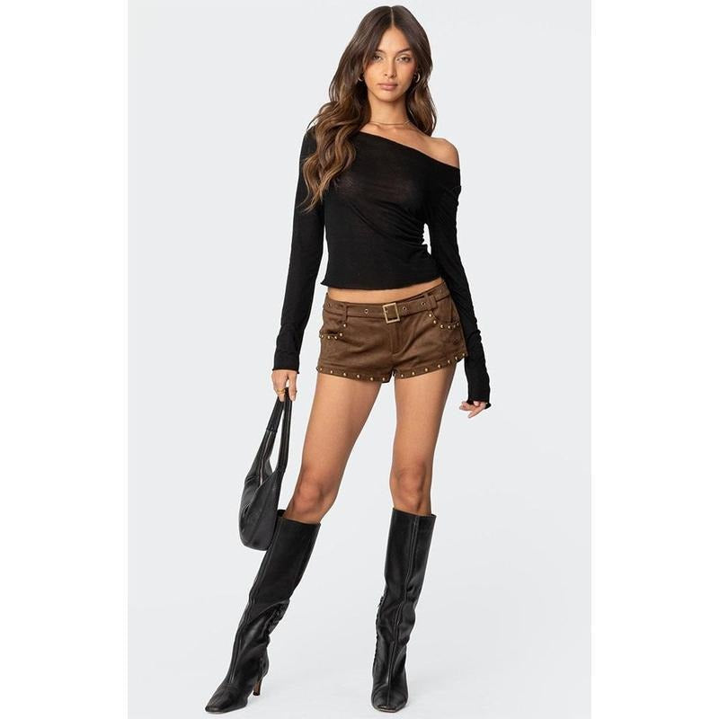 Edikted Women's Studded Faux Suede Micro Shorts