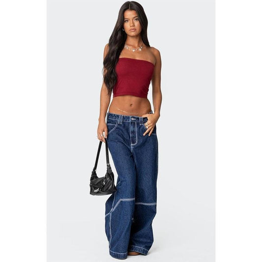 Edikted Women's Super Wide Contrast Stitch Low Rise Jeans