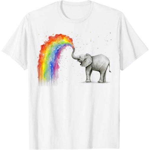 Elephant Spraying Rainbow T-shirt Baby Elephant Watercolor T-Shirt Made in USA