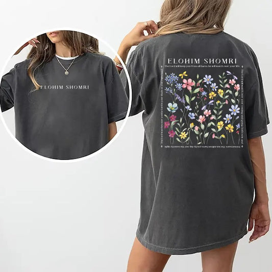 Elohim Shomri Shirt, Floral Christian Bible Verse Graphic Tee Women, Psalm 121 Printed T-shirt, God Is My Protector Comfort Shirt Casual Style, Scripture Shirts, Religious Gift For Women, Womenswear Cotton Fabric Relaxed Chic Style
