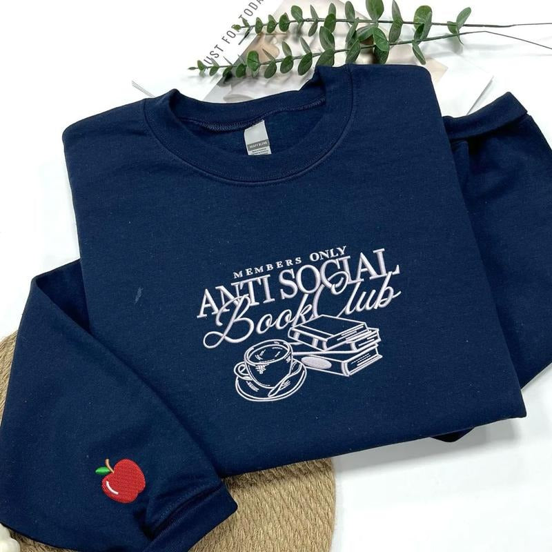 Embroidered Anti Social Book Club Crewneck, Bookish Shirt, Book Lover Hoodie, Booktok Sweatshirt, Unisex Social Book Shirt
