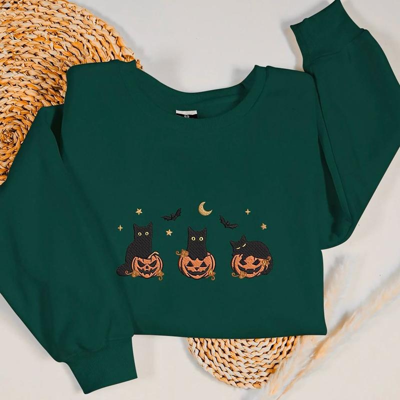 Embroidered Black Cat Sweatshirt, Black. Cat Halloween Shirt, Embroidered Cat Pumpkin Shirt, Fall Sweatshirt for Women, Halloween Crewneck, Spooky Season Hoodie