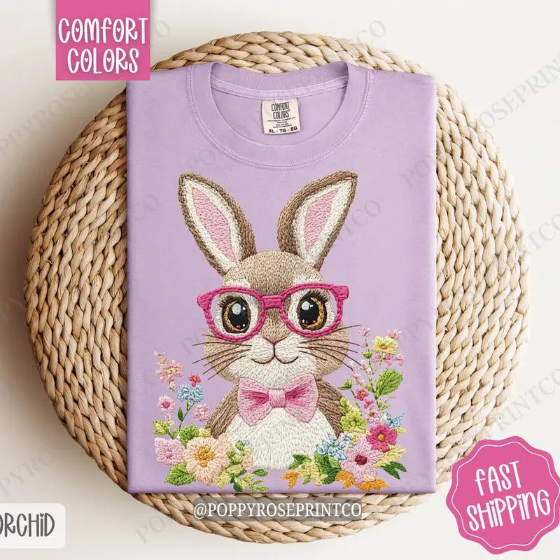 Embroidered Bunny Shirt Comfort Colors, Easter Women's Tee, Cute Women's Tshirt